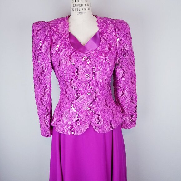 Vintage 1980's Fuchsia Sequin Ruffled Blouse & Skirt Set by Nancy Bracoloni - Picture 2 of 15